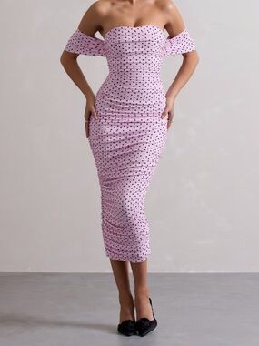 Elegant Pink Off-Shoulder Dress Pink Polka Dot
